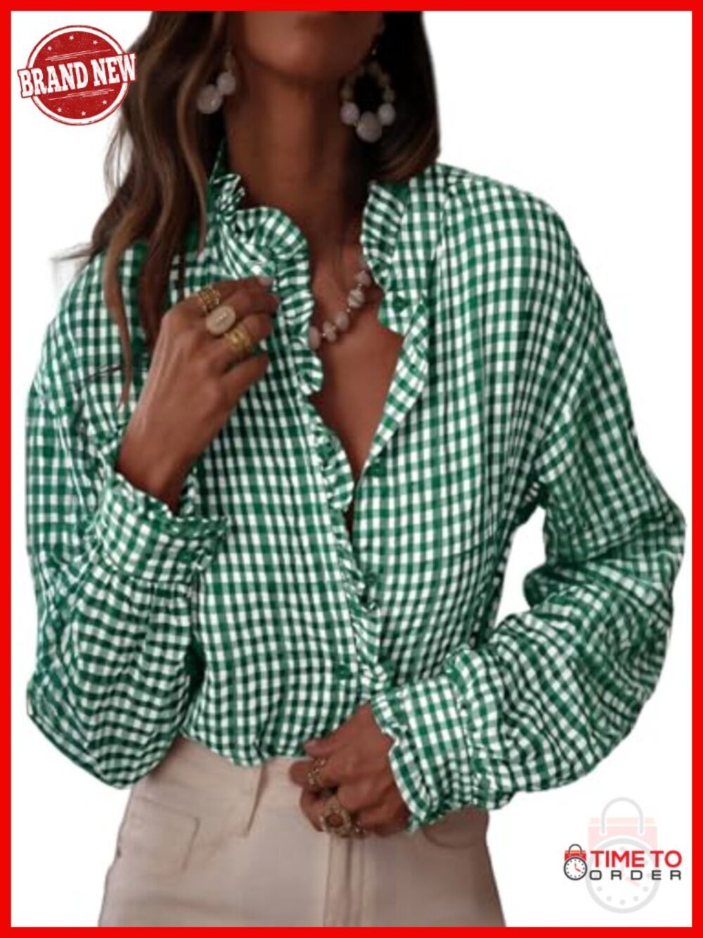 Plaid Ruffle V Neck Button Down Blouse Long Sleeve Gingham Checkered Work Top